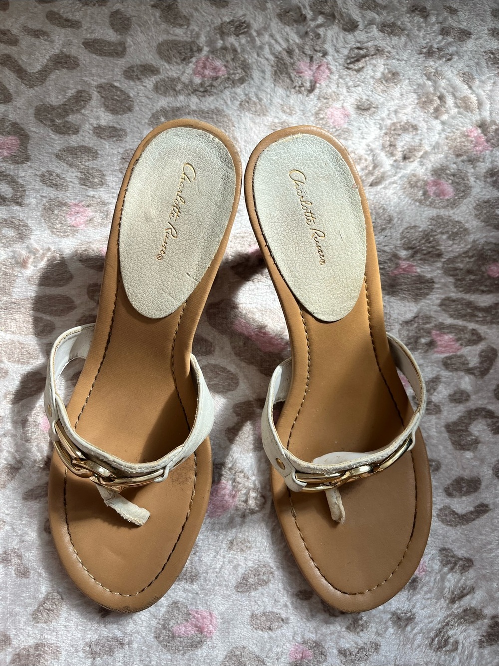 Charlotte Russe White Leather Slide Sandals with Gold Buckle